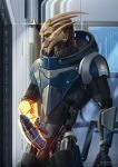  alien armor balls blue_penis cierras erection genitals hand_on_hip hi_res looking_at_viewer male mass_effect omnitool penis red_eyes solo standing turian video_games vocus_salvinian 