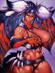  1girl abs blue_hair breasts cleavage clenched_teeth copyright_request cowboy_shot dark_skin dark_skinned_female facial_mark fumio_(rsqkr) gradient gradient_background highres horns large_breasts long_hair looking_at_viewer monster_girl monster_hunter monster_hunter:_world navel nergigante orange_eyes purple_background sharp_teeth slit_pupils smile solo tail teeth thick_thighs thighs wings 