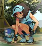  1girl ace_trainer_(pokemon) bandaid bandaid_on_head black_gloves blue_footwear blue_headwear brown_hair day fingerless_gloves full_body gen_4_pokemon gloves graphite_(medium) hijirino_yuuta outdoors piplup pokemon pokemon_(creature) pokemon_(game) pokemon_sm short_hair sleeveless solo squatting starter_pokemon tearing_up traditional_media visor_cap wristband 