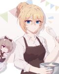 2girls :3 apron baking bandages bianka_durandal_ataegina black_apron blonde_hair blue_eyes bowl brown_hair chinese_commentary closed_mouth commentary_request hair_between_eyes hair_bun hair_over_one_eye highres holding holding_bowl honkai_(series) honkai_impact_3rd maid maid_apron maid_headdress multiple_girls polo_shirt purple_eyes rita_rossweisse shadow shirt short_hair silence_(pixiv18541142) sleeves_rolled_up whisk white_shirt 