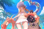  1girl abigail_williams_(fate/grand_order) abigail_williams_(swimsuit_foreigner)_(fate) bikini blonde_hair blue_eyes blue_sky bonnet cat closed_mouth cloud commentary_request day fate/grand_order fate_(series) frilled_bikini frills hand_on_hip long_hair looking_at_viewer navel ocean outdoors palm_tree sky smile stomach swimsuit tenshin_kagehisa tree white_bikini 