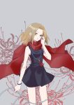  1girl bare_shoulders beads black_dress brown_eyes brown_hair cowboy_shot dress floral_background grey_background hair_tucking highres jewelry kyouyama_anna necklace red_scarf rock69girl scarf shaman_king short_hair simple_background sleeveless solo 
