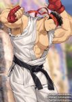  1boy abs armpit_hair ass bara bare_pecs biceps black_hair cowboy_shot dougi hadouken head_tilt headband kienbiu male_focus muscular muscular_male nipples open_clothes pants pectorals reward_available ryu_(street_fighter) short_hair shouryuuken solo stomach street_fighter thick_thighs thighs torn_jacket uppercut white_pants 