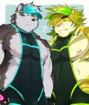  2boys ? animal_ears bara bare_pecs belly black_bodysuit black_eyes black_tank_top blonde_hair bodysuit bulge covered_abs covered_navel ezaki_papiko furry green_sclera grey_fur grey_hair headband highres horkeu_kamui_(tokyo_houkago_summoners) macan_(tokyo_houkago_summoners) male_focus multiple_boys muscular muscular_male navel nipples pectorals plump silver_hair skin_tight tank_top thick_eyebrows tiger_boy tiger_ears tokyo_houkago_summoners two-tone_fur white_fur wolf_boy wolf_ears yellow_fur 