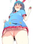  1girl absurdres animal_ears ass_visible_through_thighs bangs banned_artist bar_censor blue_dress blue_hair blush breasts censored clothes_lift dango dress dress_lift embarrassed flying_sweatdrops food from_below groin hekiga_(freelot) highres lifted_by_self long_hair looking_at_viewer looking_down open_mouth rabbit_ears red_eyes seiran_(touhou) short_sleeves simple_background small_breasts solo standing sweat sweatdrop teeth thighs touhou upper_body upper_teeth wagashi white_background 