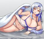  1girl bangs bed_sheet blue_hair breasts cleavage come_hither commission covered_nipples elbow_rest grin groin highres huge_breasts kikimora_(monster_girl_encyclopedia) long_hair lying monster_girl_encyclopedia nav navel nightgown on_bed on_side orange_eyes panties parted_bangs shortstack smile solo underwear white_panties wide_hips 