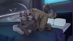  16:9 2020 anthro bed bedding blanket brown_body brown_fur canid canine detailed_background duo fur furniture grizzlesbear guardians_of_the_galaxy hi_res hug humanoid_hands inside male male/male mammal marvel pillow procyonid raccoon raccoon_dog rocket_raccoon sex tanuki widescreen 