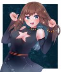  1girl :d bare_shoulders black_dress blue_eyes blue_nails blush border brown_hair cleavage_cutout clothing_cutout colored_inner_hair commentary commission constellation constellation_print crescent-shaped_pupils dated detached_sleeves dress english_commentary fingernails hands_up long_hair long_sleeves looking_at_viewer mole mole_above_mouth multicolored_hair nail_polish open_mouth original signature sky smile solo sparkle star_(sky) star_cutout starry_sky symbol-shaped_pupils temachii white_border 