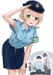  1boy 1girl absurdres alternate_costume armband armpit_peek armpits arrest brown_hair car eyebrows_visible_through_hair green_eyes ground_vehicle hat highres indie_virtual_youtuber kenmochi_touya kuro_(zhurunbo1997) motor_vehicle nijisanji open_mouth police police_car police_hat police_uniform policewoman pom_pom_(clothes) purple_hair salute shigure_ui_(vtuber) simple_background sweat uniform white_background 