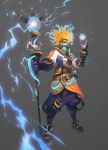  1boy absurdres blonde_hair electricity english_commentary fantasy floating_hair from_below gauge gloves goggles grey_background highres holding holding_staff looking_down orange_eyes original purple_gloves smile solo staff wire wizard y_frt 