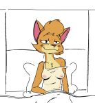  2019 anthro bed breasts clothed clothing colored_sketch domestic_cat felid feline felis female fur furniture half-length_portrait happy lily_(gabbah) looking_at_viewer mammal nightgown nipples off_shoulder on_bed portrait samoyena smile solo tan_body tan_fur tired translucent translucent_clothing under_covers 