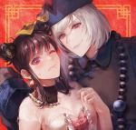  1boy 1girl absurdres akudama_drive bead_necklace beads breasts cat_hair_ornament cleavage clenched_hand cutthroat_(akudama_drive) detached_collar double_bun earrings frills hair_ornament hand_up highres jewelry jiangshi_costume looking_at_viewer medium_breasts medium_hair mole mole_under_eye mole_under_mouth necklace ofuda one_eye_closed purple_eyes red_background shiromo_ooo sleeves_past_fingers sleeves_past_wrists swindler_(akudama_drive) upper_body white_hair 
