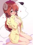  1girl ahoge bad_feet barefoot blush breasts brown_eyes brown_hair cleavage covering_mouth curled_horns demon_girl demon_horns demon_tail eyebrows_visible_through_hair highres hood hoodie horns long_hair long_sleeves looking_at_viewer machikado_mazoku mel_(melty_pot) naked_hoodie navel nude open_clothes solo sweater tail yoshida_yuuko_(machikado_mazoku) 