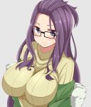  1girl bangs bangs_pinned_back black-framed_eyewear blush breasts commentary_request dou-t eyebrows_visible_through_hair glasses highres impossible_clothes impossible_sweater jacket kagamihara_sakura large_breasts long_hair long_sleeves looking_at_viewer purple_eyes purple_hair ribbed_sweater simple_background solo sweater turtleneck turtleneck_sweater upper_body yurucamp 