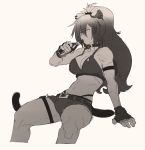  1girl animal_ears arknights arm_strap arm_support bangs belt bikini bikini_top bottle breasts bulge cat_ears cat_tail choker cleavage collarbone commentary cowboy_shot cutoffs drinking earrings english_commentary eyebrows_visible_through_hair fingerless_gloves futanari gloves hair_between_eyes highres holding holding_bottle jewelry knifedragon long_hair medium_breasts navel ponytail scar scar_on_arm scar_on_stomach schwarz_(arknights) short_shorts shorts sitting solo spot_color swimsuit tail thigh_strap toned yellow_eyes 
