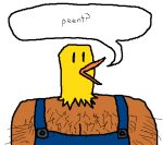  animal_head avian beak clothing denim denim_clothing dialogue feathers flat_colors for_a_head gamma_world humanoid low_res male ms_paint overalls overalls_only simple_background solo tabletop_game twerkyvulture white_background yellow_body yellow_feathers 