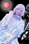  1boy akudama_drive bandaged_hand blurry blurry_background collar cutthroat_(akudama_drive) emem_uzuma9 highres holding holding_knife knife male_focus mole mole_under_eye moon night open_mouth outdoors outstretched_hand purple_eyes red_moon solo tongue tongue_out weapon white_hair 