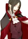  1boy alternate_costume bangs blood blood_from_mouth cape collared_jacket cravat european_clothes fang fate/grand_order fate_(series) green_hair high_collar long_sleeves looking_at_viewer male_focus ne_dzumi parted_bangs phantom_of_the_opera_(fate/grand_order) red_cape red_eyes solo vampire_costume white_neckwear 