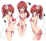  1girl ahoge ass bikini blush breasts brown_eyes brown_hair cleavage demon_girl demon_horns demon_tail eyebrows_visible_through_hair halterneck highres horns large_breasts long_hair looking_at_viewer machikado_mazoku mel_(melty_pot) midriff navel open_mouth revision side-tie_bikini sideboob simple_background solo string_bikini swimsuit tail white_background yoshida_yuuko_(machikado_mazoku) 