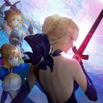  3girls ahoge armor armored_dress armpits artoria_pendragon_(all) back backlighting bangs bare_shoulders blonde_hair blue_dress blue_eyes blue_sky braid breasts choker cleavage cleavage_cutout closed_mouth clothing_cutout cloud cloudy_sky commentary detached_sleeves dress excalibur excalibur_morgan fate/grand_order fate_(series) from_side green_eyes hair_between_eyes hair_ribbon highres holding holding_sword holding_weapon jewelry juliet_sleeves large_breasts lips long_sleeves looking_at_viewer medium_breasts multiple_girls profile puffy_sleeves ribbon saber saber_alter saber_lily shoulder_blades sky sword victor_bang weapon yellow_eyes 