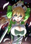  1girl absurdres arms_up bangs blonde_hair blurry blurry_foreground braid breasts cleavage cleavage_cutout clothing_cutout commentary daichi_(hayate1328) depth_of_field feathers frown green_eyes green_jacket hair_tubes highres holding holding_sword holding_weapon jacket large_breasts leafa leafa_(terraria) light_particles long_hair long_sleeves looking_at_viewer object_behind_back open_mouth pointy_ears ponytail shirt side_cutout solo standing sword sword_art_online sword_art_online:_alicization sword_art_online:_alicization_-_war_of_underworld twin_braids upper_body v-shaped_eyebrows very_long_hair weapon white_shirt 