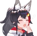  1girl alternate_costume animal_ear_fluff animal_ears bangs black_hair blush closed_eyes collar commentary_request hololive izumi_sai multicolored_hair official_alternate_costume ookami_mio open_mouth ponytail red_hair simple_background streaked_hair two-tone_hair virtual_youtuber white_background wolf_ears yawning 