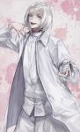  1boy :d absurdres akudama_drive bandaged_hand coat collar cutthroat_(akudama_drive) hand_up highres long_sleeves male_focus open_mouth pale_skin pants purple_eyes shiromo_ooo shirt short_hair simple_background smile standing white_coat white_hair white_pants white_shirt 