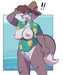  ! 2019 anthro big_breasts blue_clothing blue_eyes blue_shirt blue_topwear bottomless breasts clothed clothing domestic_cat exposed_breasts felid feline felis female fur genitals grey_body grey_fur hat headgear headwear hi_res looking_away mammal nipples open_mouth open_smile partially_clothed portrait pussy samoyena shirt smile solo tabatha_(samoyena) three-quarter_portrait topwear 