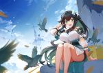  1girl above_clouds absurdres arm_support bangs bird black_hair blue_sky blush breasts chinese_commentary cloud cloudy_sky coat commentary_request dress english_commentary eyelashes feet_out_of_frame floating_island green_eyes green_hair hair_between_eyes hair_blowing hair_ornament hand_on_head highres large_breasts long_hair long_sleeves looking_at_viewer mixed-language_commentary multicolored_hair off-shoulder_dress off_shoulder open_mouth pcde2378 philia_(world_flipper) ruins see-through_sleeves sidelocks sitting sky solo thighs two-tone_hair white_coat white_dress world_flipper 