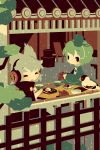  2girls architecture bird black_eyes blonde_hair blush cape chopsticks cross-laced_clothes cup dress earmuffs east_asian_architecture green_dress green_hair hat holding holding_cup multiple_girls plate pouring shinonoko short_hair sitting soga_no_tojiko table tate_eboshi tea teapot touhou toyosatomimi_no_miko 