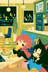  2girls animal_ears animal_print black_dress black_eyes blue_bow blue_dress blush bow brooch brown_hair cake cake_slice capelet cat_print chair closed_eyes cup dress drinking eyebrows_visible_through_hair food fork hair_bow holding holding_cup imaizumi_kagerou jewelry long_hair looking_at_another mug multiple_girls open_mouth pancake plant plate potted_plant red_capelet red_hair sekibanki shinonoko sitting table touhou wolf_ears 