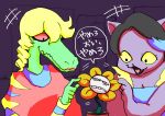  2018 absurd_res alligator alligatorid annoyed anthro bratty_(undertale) catty_(undertale) crescendeon crocodilian domestic_cat elemental_creature felid feline felis female flora_fauna flower flower_creature flower_pot flowey_the_flower fur green_body group hi_res japanese_text male mammal monster petals plant purple_body purple_fur reptile scalie text undertale video_games 