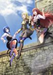  3girls :d alternate_costume boots catria_(fire_emblem) cordelia_(fire_emblem) fire_emblem fire_emblem:_mystery_of_the_emblem fire_emblem:_new_mystery_of_the_emblem fire_emblem:_shadow_dragon fire_emblem:_shadow_dragon_and_the_blade_of_light fire_emblem:_three_houses fire_emblem_awakening fire_emblem_echoes:_shadows_of_valentia fire_emblem_gaiden garreg_mach_monastery_uniform hair_ornament hairpin headband high_heel_boots high_heels highres holding_hands ingrid_brandl_galatea jumping multiple_girls open_mouth pantyhose sheath sheathed smile sukkirito_(rangusan) sword weapon wing_hair_ornament 