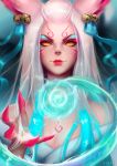  1girl ahri animal_ears bell bow claws facial_mark fox_ears fox_girl korean_clothes league_of_legends makeup nixri504 orb solo spirit_blossom_ahri tattoo whisker_markings white_hair yellow_eyes 