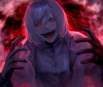 1boy :d akudama_drive crazy_eyes cutthroat_(akudama_drive) hair_between_eyes hands_up highres looking_at_viewer male_focus mole mole_under_eye open_mouth pink_eyes red_background shiromo_ooo shirt short_hair smile solo upper_body white_hair white_shirt 