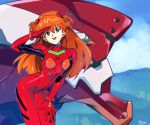  1girl blue_eyes bodysuit breasts cloud cloudy_sky commentary day english_commentary eva_02 hand_on_own_thigh hill horizon interface_headset leaning_forward long_hair looking_at_viewer mecha neon_genesis_evangelion optionaltypo orange_hair pilot_suit red_bodysuit salute sky small_breasts smile solo_focus souryuu_asuka_langley two_side_up upper_teeth 