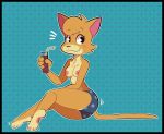  2019 anthro beverage black_border border bottomwear breasts casual_exposure clothed clothing domestic_cat felid feline felis female full-length_portrait fur hi_res holding_beverage holding_object lily_(gabbah) looking_at_viewer mammal nipples pattern_background portrait samoyena shorts simple_background sitting smile solo tan_body tan_fur topless 