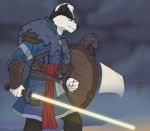  2020 anthro armor assassin&#039;s_creed border_collie canid canine canis clothed clothing collie digital_media_(artwork) domestic_dog hair herding_dog holding_object holding_weapon lightsaber male mammal melee_weapon outside pastoral_dog prismanoodle_(artist) sea sheepdog ship solo star_wars ubisoft vehicle video_games viking water watercraft weapon 