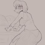  anthro bent_over big_butt bottomwear breasts butt clothed clothing cooliehigh desk disney eyewear female furniture glasses goof_troop hi_res looking_at_viewer skirt smile solo sylvia_marpole 