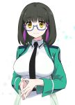  1girl bangs black_hair black_neckwear blue-framed_eyewear breasts collared_dress commentary_request dress eyebrows_visible_through_hair glasses green_jacket hands_together highres interlocked_fingers jacket large_breasts looking_at_viewer mahouka_koukou_no_rettousei medium_hair necktie semi-rimless_eyewear shibata_mizuki simple_background smile solo sumi_(shibata3gb) under-rim_eyewear upper_body white_background white_dress wing_collar yellow_eyes 