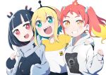  3girls :d aimusu amano_pikamee bangs black_hair black_hairband blonde_hair blunt_bangs blush bright_pupils catchphrase collared_jacket drawstring eyebrows_visible_through_hair green_eyes green_nails grin hairband hand_on_another&#039;s_shoulder hand_up high_collar highres hikasa_tomoshika hood hood_down hoodie jitomi_monoe long_sleeves looking_at_viewer multicolored_hair multiple_girls open_mouth red_eyes red_nails sharp_teeth shirt simple_background smile teeth thick_eyebrows two-tone_hair upper_body v-shaped_eyebrows virtual_youtuber voms white_background white_hoodie white_pupils white_shirt yellow_nails zipper_pull_tab 