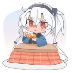  1girl absurdres chibi dark_skin dark_skinned_female food fruit full_body glasses hair_between_eyes happi highres japanese_clothes kantai_collection kotatsu looking_at_viewer mandarin_orange musashi_(kantai_collection) red_eyes short_hair_with_long_locks simple_background solo table triangle_mouth twintails white_background yunamaro 