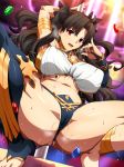  1girl alternate_breast_size anklet armlet ass asymmetrical_legwear asymmetrical_sleeves bangs bare_shoulders barefoot black_hair blush breasts covered_nipples crown detached_collar earrings elbow_gloves eyebrows_visible_through_hair fate/grand_order fate_(series) gem gloves hair_ribbon highres hoop_earrings huge_breasts ishtar_(fate)_(all) ishtar_(fate/grand_order) jewelry long_hair looking_at_viewer magukappu navel neck_ring open_mouth parted_bangs pole pole_dancing pussy_juice red_eyes ribbon single_elbow_glove single_thighhigh smile solo spread_legs squatting sweat thighhighs toeless_legwear two_side_up 