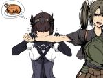  2girls anger_vein bangs biting biting_arm black_bodysuit black_hair black_neckwear bodysuit breasts brown_hakama clothes_writing food green_hair hachimaki hair_between_eyes hair_flaps hair_ribbon hakama hatsuzuki_(kantai_collection) headband hip_vent japanese_clothes kantai_collection kurou_(bcrow) long_hair multiple_girls muneate neckerchief open_mouth ribbon simple_background tasuki turkey turkey_(food) twintails upper_body white_background zuikaku_(kantai_collection) 