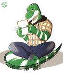  2020 anthro black_bottomwear black_clothing blizzhusky15 bottomwear clothed clothing crossed_legs green_body hi_res holding_object humanoid_hands lizard male nintendo nintendo_3ds nintendo_ds_family reptile scalie short_sleeves simple_background sitting smile solo stylus video_games yellow_eyes 