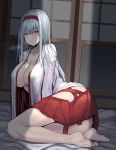  1girl bangs barefoot blush breasts breath brown_eyes cleavage hair_in_mouth hairband hakama hakama_skirt highres indoors japanese_clothes kantai_collection large_breasts long_hair open_clothes red_hairband red_hakama satou_samu shade shadow shoukaku_(kantai_collection) sitting solo white_hair 