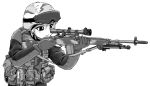  1girl aiming battle_rifle camouflage camouflage_jacket canteen ebifly from_side gloves goggles goggles_on_headwear greyscale gun helmet holding holding_gun holding_weapon jacket long_sleeves m14 military military_uniform monochrome original parted_lips pouch rifle short_hair simple_background sniper_rifle solo uniform weapon white_background 