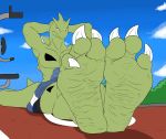  2020 3_toes 44vex absurd_res anthro barefoot bodily_fluids feet flat_colors foot_focus green_body green_feet hands_behind_head hi_res humanoid_feet low-angle_view male nintendo outside pecs pok&eacute;mon pok&eacute;mon_(species) situps solo sweat toes topless_male tyranitar video_games wrinkled_feet wrinkled_soles 