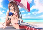  1girl alternate_costume american_flag_bikini american_flag_legwear beach beach_umbrella bikini blush breasts brown_eyes brown_hair cleavage cloud collarbone commentary day flag_print hair_ornament highres holding holding_umbrella kantai_collection large_breasts long_hair looking_at_viewer navel ocean outdoors ponytail print_swimsuit red_umbrella single_thighhigh sitting sky solo star_(symbol) star_hair_ornament striped swimsuit thighhighs umbrella very_long_hair yamato_(kantai_collection) yokozuwari yunamaro 