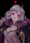 1girl ahoge alternate_costume ama_asagi bangs blonde_hair breasts cosplay facial_tattoo fire_emblem fire_emblem_awakening fire_emblem_fates fire_emblem_heroes grima_(fire_emblem) grima_(fire_emblem)_(cosplay) highres looking_at_viewer ophelia_(fire_emblem) red_eyes simple_background smile solo tattoo upper_body 